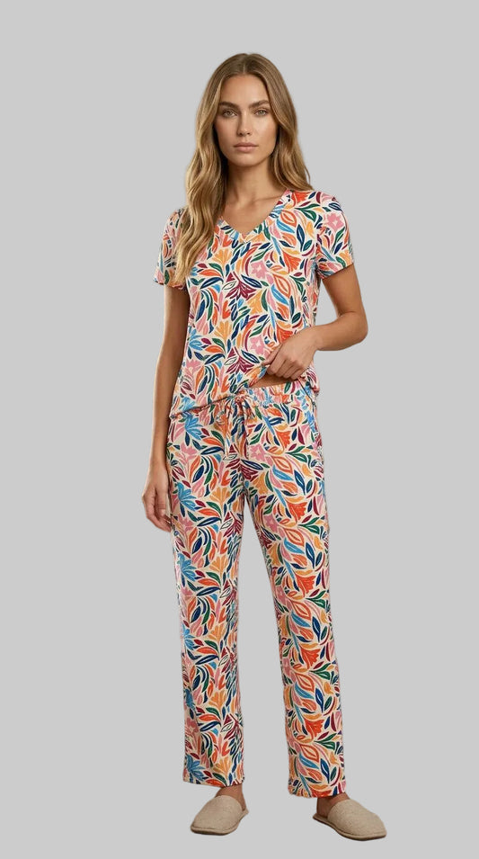 Flores camiseta, manga corta, pantalon