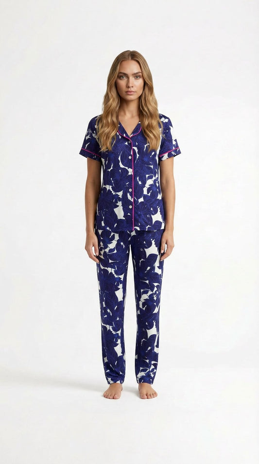 Azul profundo manga corta camisa/pantalón